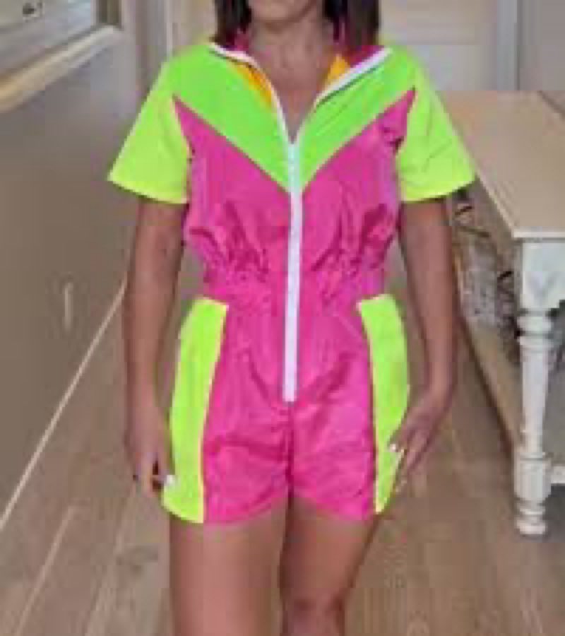 Ecinkool Women's One Piece Outfit 80s 90s Style Theme Party Costume Short Sleeve Neon Windbreaker Ro