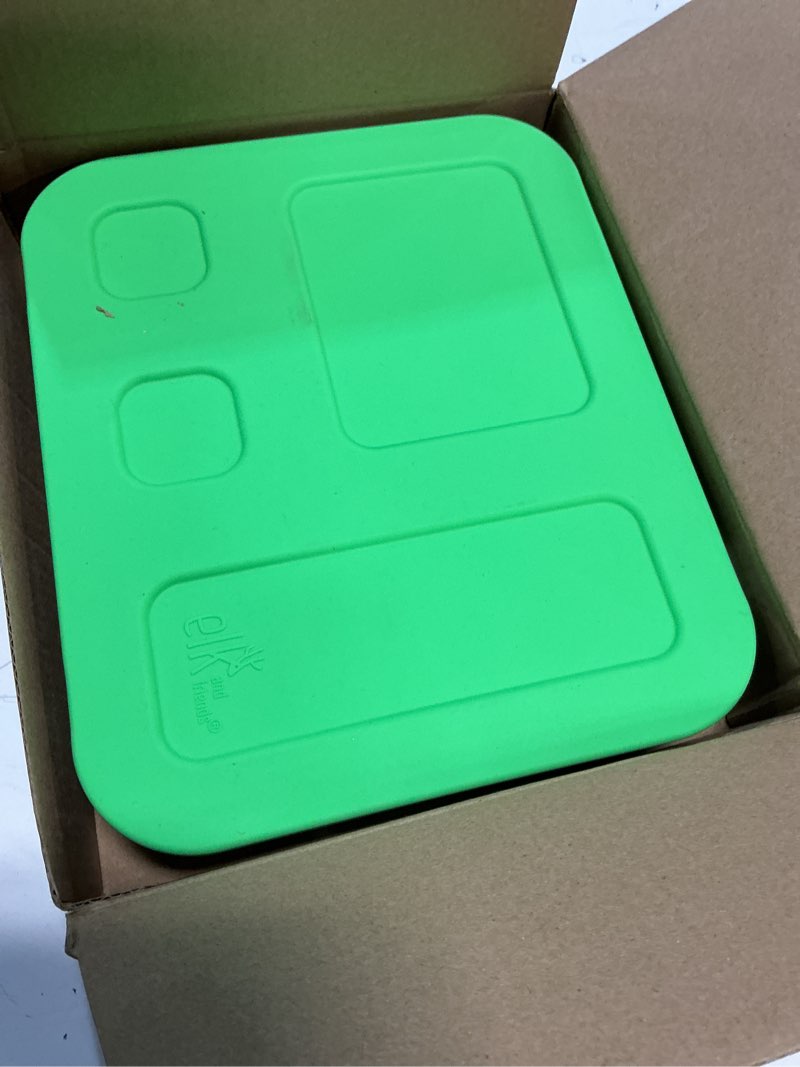 Condition photo showing As Is for elk and friends kids stainless steel bento box with silicone lid | leak-proof | toddler lunch container | 4 compartments | dishwasher safe green
