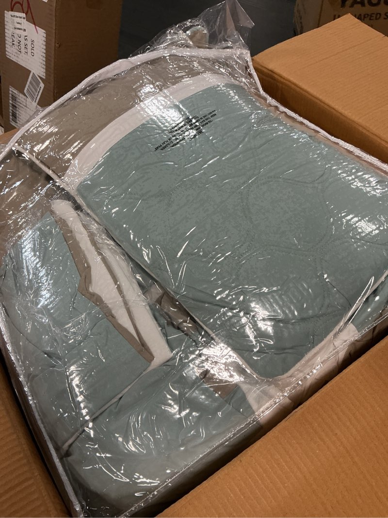 Condition photo showing Good Condition for 510 design luxe quilted comforter set modern transitional design, all season down alternative warm bedding matching shams, bedskirt, decorative pillow, queen, shawnee scrollwork seafoam scrollwork seafoam queen