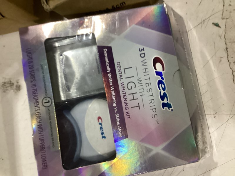 Condition photo showing New/Like New for crest 3d whitestrips express whitening with light, whitestrips 3d white, teeth whitening strip kit, 20 strips (10 count pack), crest teeth whitening strips, teeth whitening kit