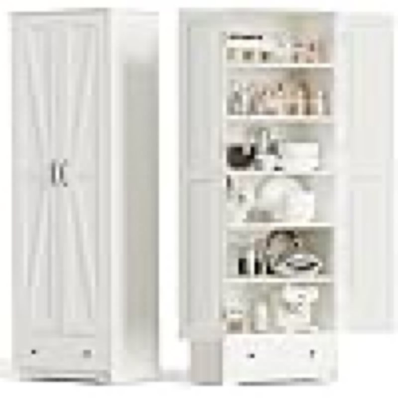 70" farmhouse kitchen pantry cabinet, tall large wood storage cabinet with 6 adjustable shelves, 2 barn doors & drawer for bathroom, dining room, antique white