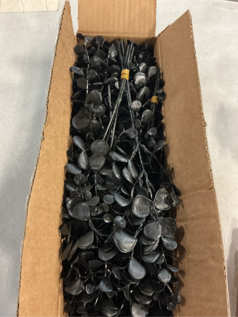Condition photo showing Good Condition for 40 pcs artificial black eucalyptus stems, fake eucalyptus leaves branches bouquet for flower arrangement diy, black silk flowers for home halloween farmhouse decor