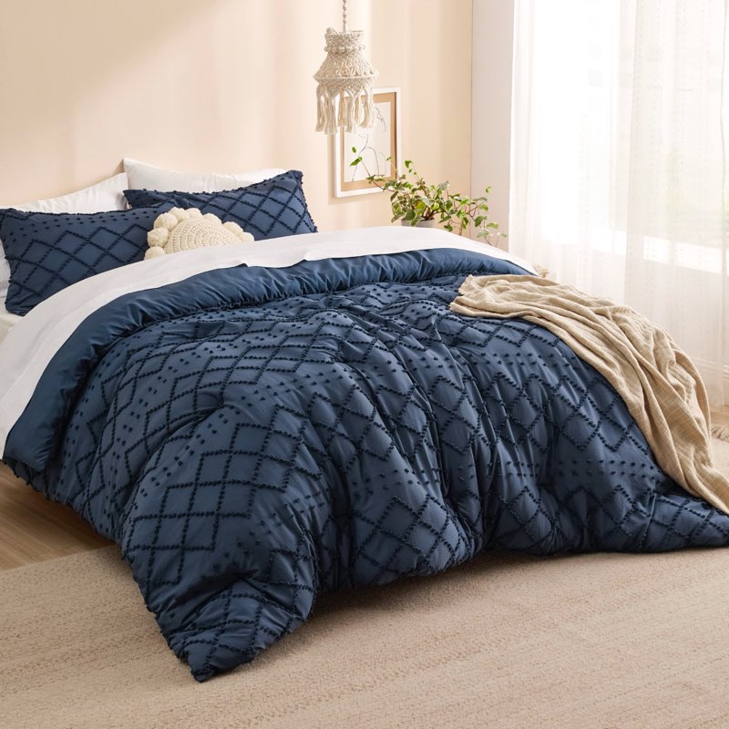 Bedsure Oversized King Comforter Set - Navy Blue Comforter, Boho Tufted Shabby Chic Bedding, 3 Piece