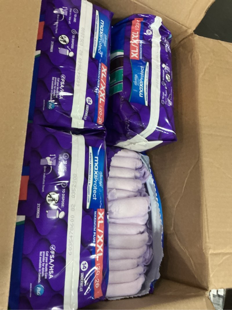 Condition photo showing As Is for always discreet maximum plus xl/xxl sizes 20-26 underwear  14 counts (4 packs of 14 counts )