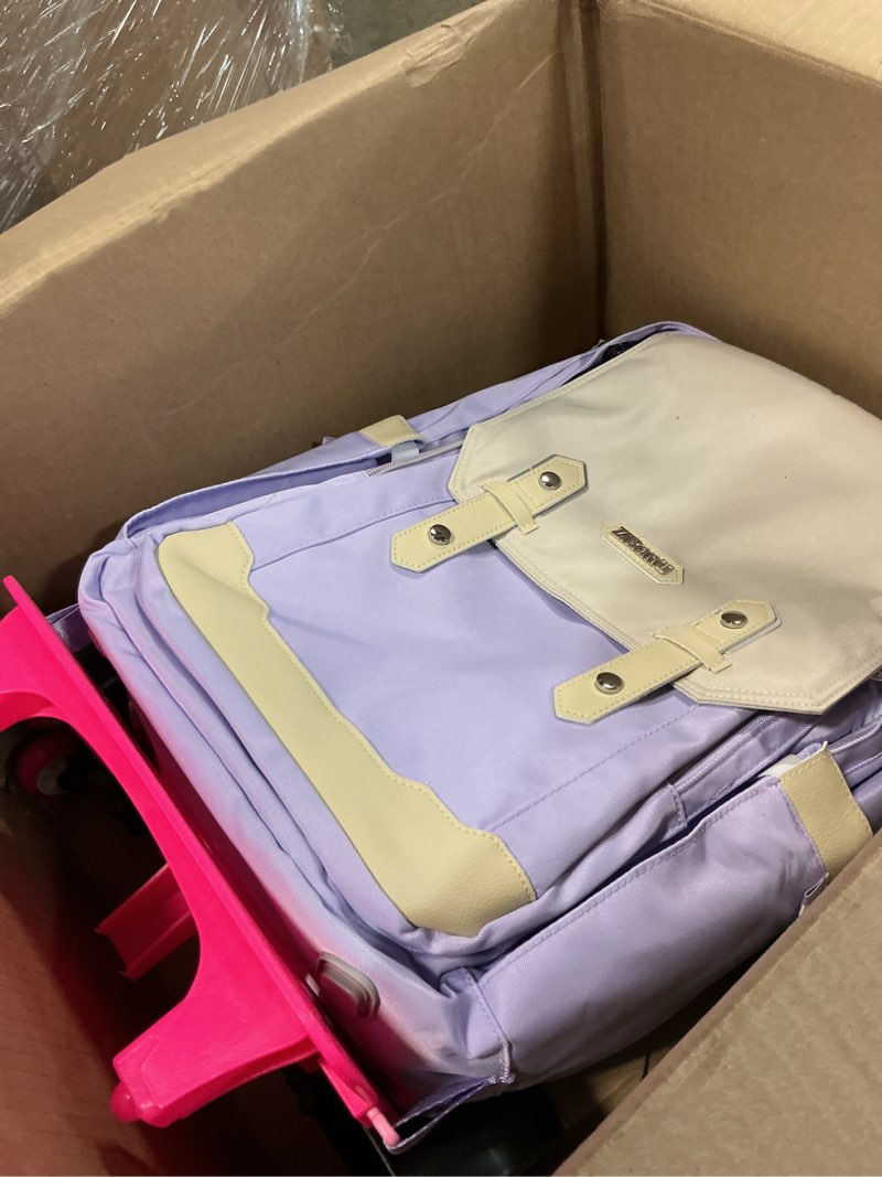 Condition photo showing As Is for Purple Rolling Backpack for Girls Kids Roller Backpack with Wheels for Girls, Trolley School Bags for Primary Students, Kids Wheeled Bookbags on 6 Wheels, Purple 6 Wheels Purple