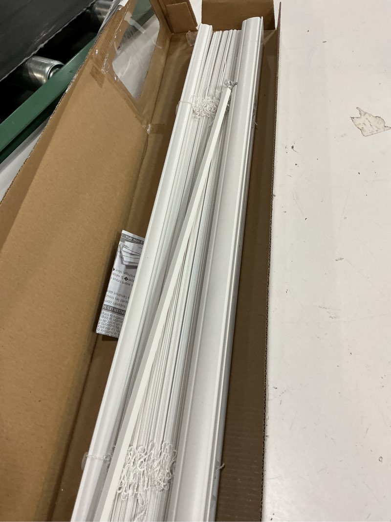 Condition photo showing As Is for mainstays 1" cordless room darkening vinyl blinds, white, 27" width x 64" length