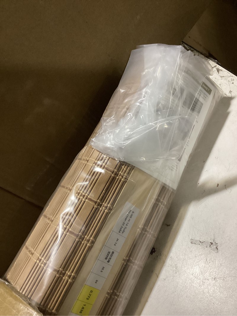 Condition photo showing Good Condition for cordless wood window blinds, bamboo sheer light filtering woven roman shades, tiger wood, 30.5" w x 64" h 30.5"w x 64"h camel