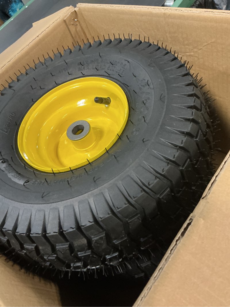 Condition photo showing Good Condition for ar-pro exact replacement 15" x 6.00-6" front tire and wheel assemblies compatible with john deere riding mowers 100 and d100 series - 3" centered hub and 3/4" bushings, 4ply pneumatic (set of 2) 15 x 6.00-6" pneumatic (centered hub) yellow