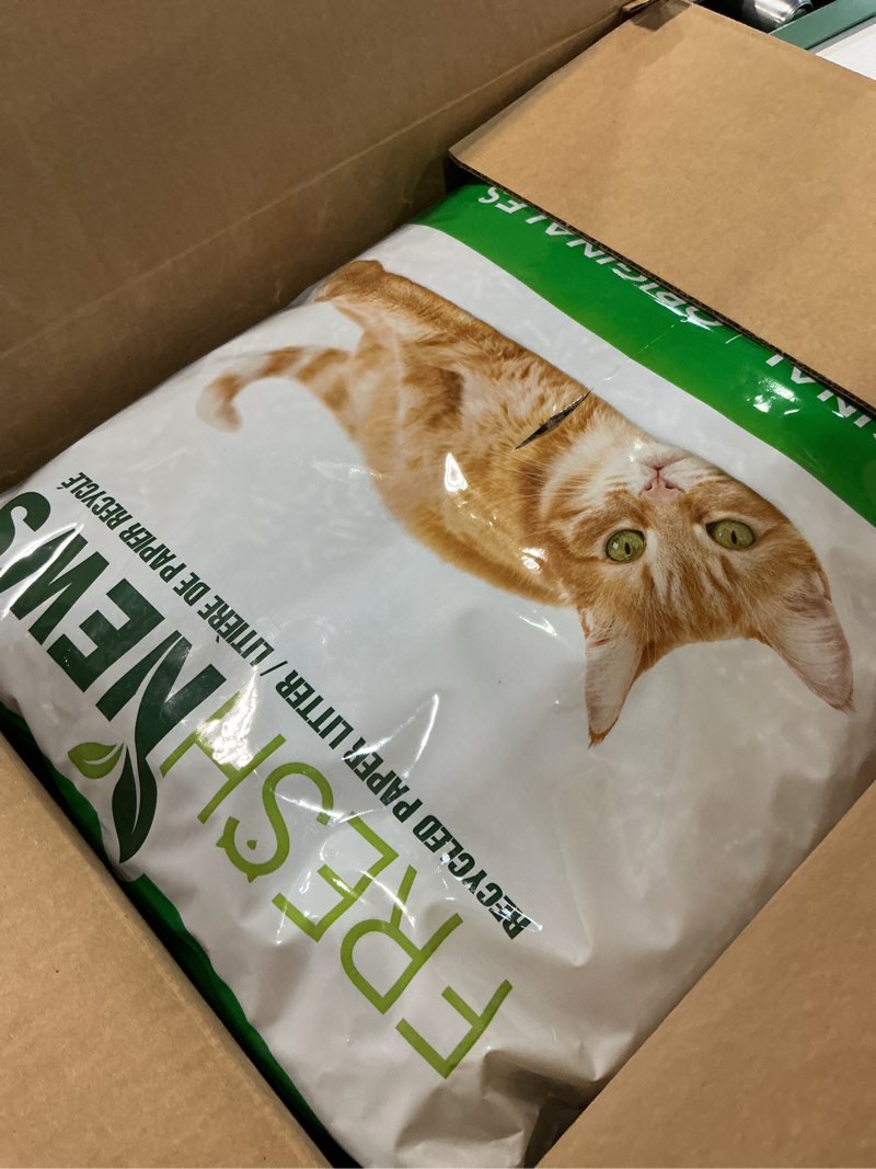 Condition photo showing As Is for fresh news recycled paper original pellet cat litter, 25 pound, non-clumping, unscented, made in usa original pellets 25 pounds