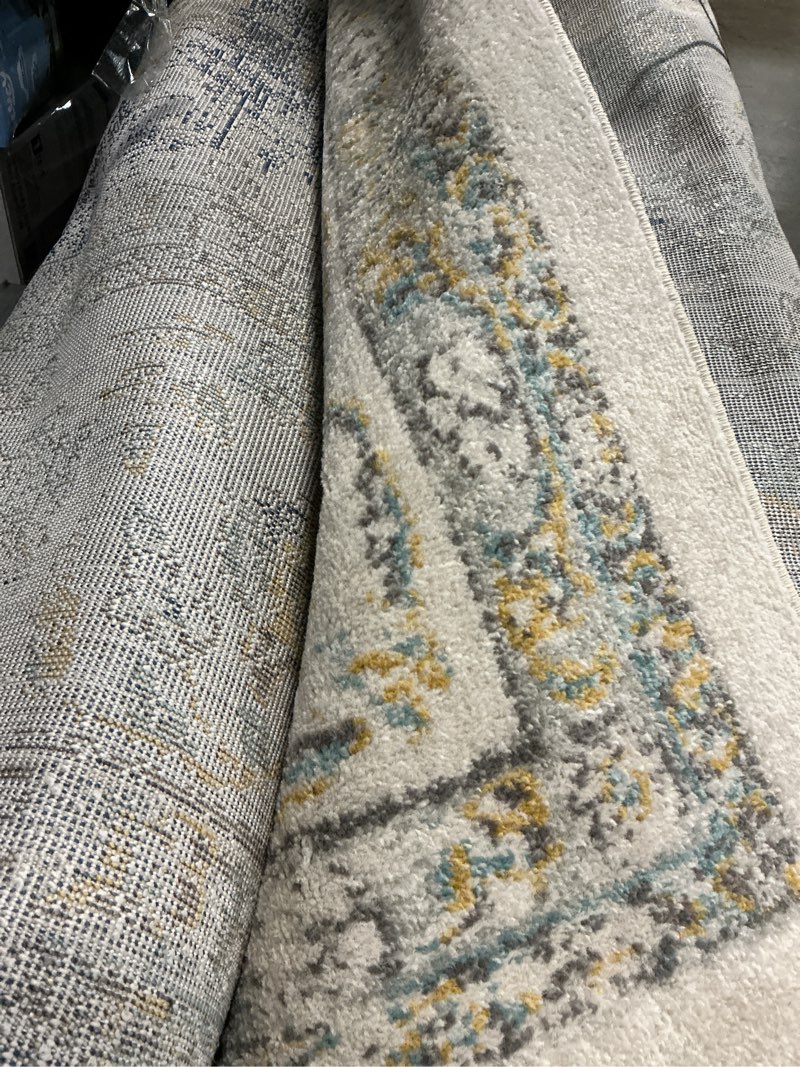 Condition photo showing As Is for evoke collection area rug - 6'7\" square, grey & blue, oriental medallion distressed design, non-shedding & easy care, ideal for high traffic areas in living room, bedroom (evk250f)