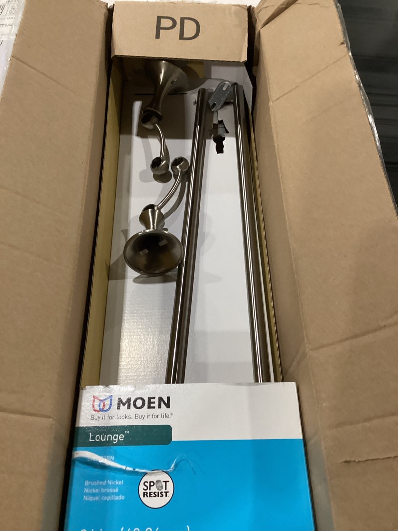 Condition photo showing As Is for moen lounge collection brushed nickel 24-inch double towel bar, wall mounted towel rack for bathroom with two rods, dn7722bn 24 inch brushed nickel