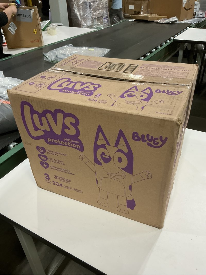 Condition photo showing New/Like New for Luvs Size 3 Baby Diapers, Platinum Protection Bluey Diapers for Day & Night, Size 3, 234 Count (Packaging May Vary) Size 3 234