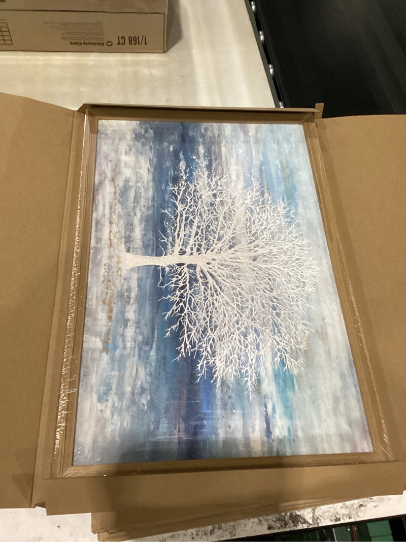 Framed Tree of Life Wall Art Pictures for Living Room, Modern 3D Textured Blue White Beige Tree Pain