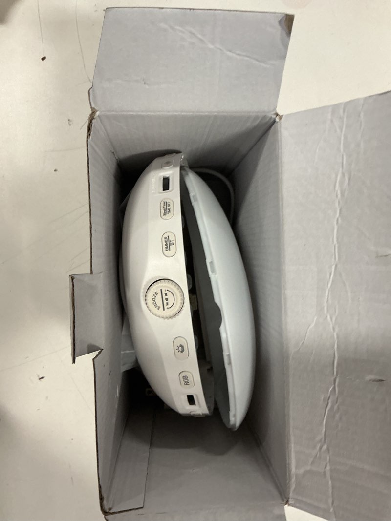 Condition photo showing As Is for ecozy Sunrise Alarm Clock, White Noise Sound Machine, Upgraded Backlit Buttons for Bedrooms, 26 Soothing Sounds, 17 Night Lights, Bluetooth Speaker, Wake Up Sunlight for Heavy Sleepers, Adults, Kids Grey & White