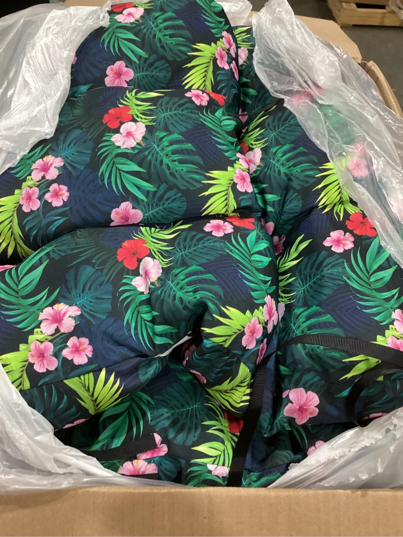 Condition photo showing As Is for danghoogy wicker chair cushions, waterproof outdoor loveseat cushions for patio furniture, tufted wicker furniture cushions, 1 loveseat and 2 u-shaped cushions (green floral) green floral wicker chair cushion