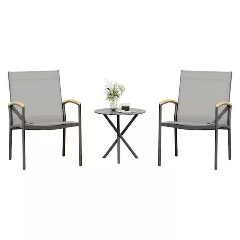 Shintenchi 3 Pieces Patio Bistro Sets, Outdoor Textilene Fabric Conversation Bistro Set, Textilene Fabric Front Porch Chairs Small Patio Furniture Set with Table for Lawn,Garden,Balcony (Grey)