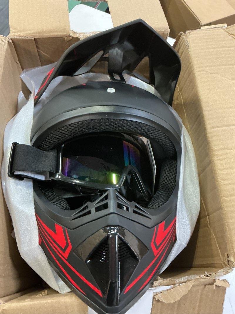 Condition photo showing Good Condition for youth kids dirt bike motocross helmet (goggles gloves face mask) 4pcs set, dot approved boys girls full face motorcycle helmets, atv bmx mx mountain bike off road kid helmet (red, s) red small