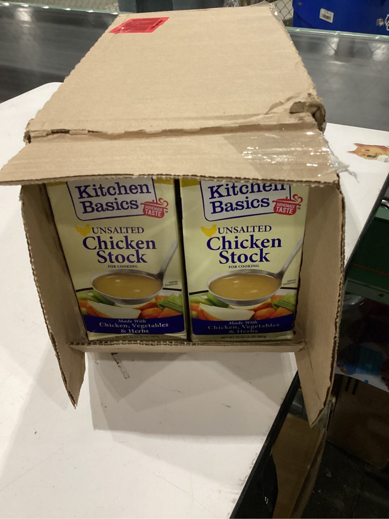 Condition photo showing New/Like New for Kitchen Basics Unsalted Chicken Stock, 32 oz. Carton (Pack of 12) Add Delicious Flavor to Chicken Noodle Soup, Broths and Gravy, Perfect for Stocking Up exp June 16 2027