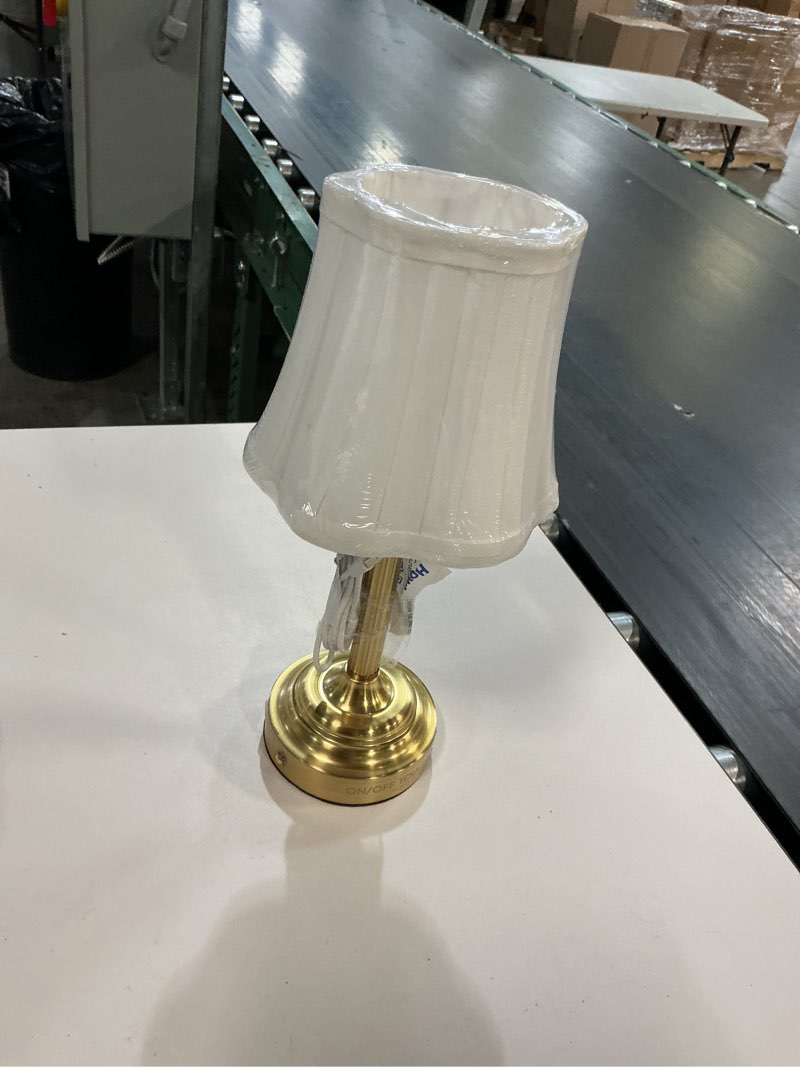 Condition photo showing As Is for better homes & gardens 13" white shade rechargeable portable lamp