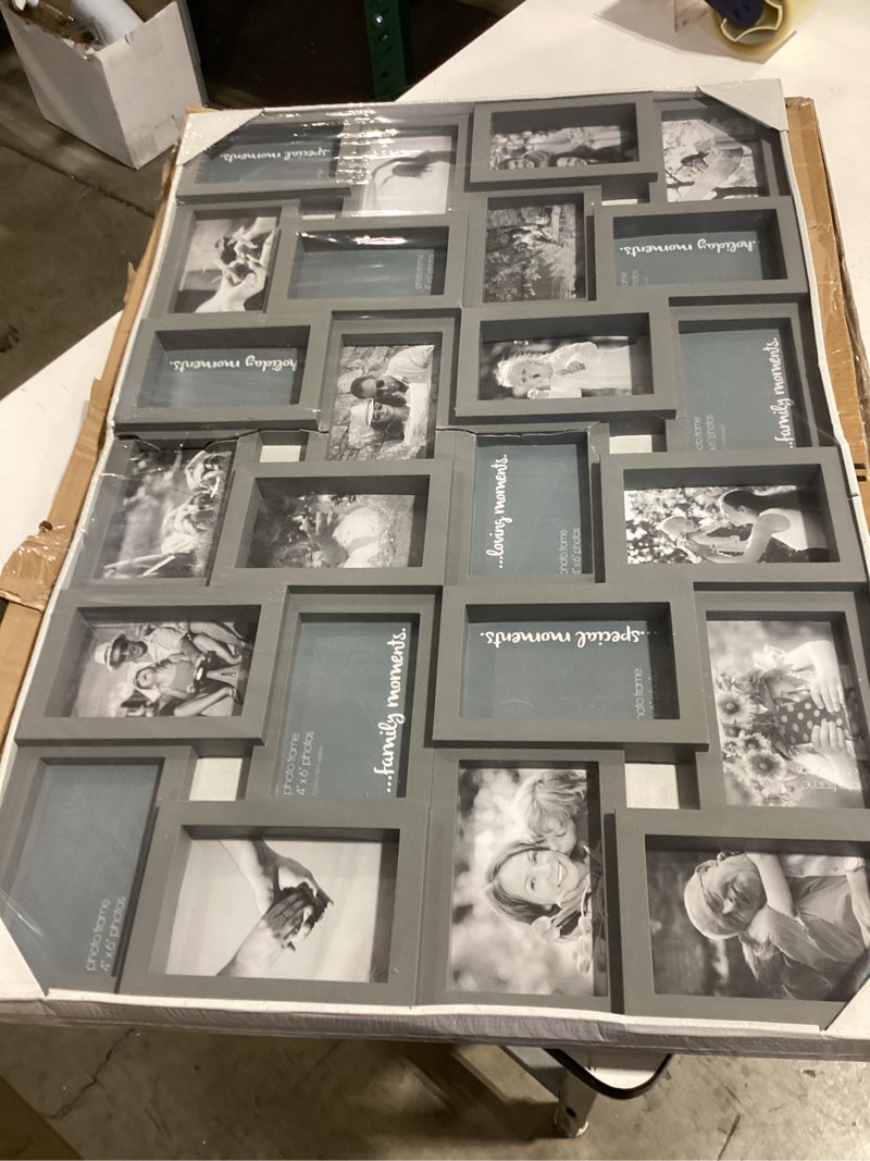 Condition photo showing As Is for j.m.deco collage picture frames for wall 24 slots, reunion friends family memory large photo frame selfie gallery puzzle collage wall hanging for 4x6 photo | grey 24 opening grey