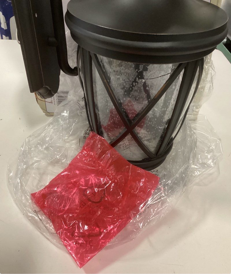 Condition photo showing As Is for allen + roth Castine 20-3/8-in Rubbed Bronze Outdoor Wall Light 