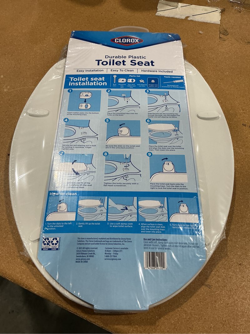 Condition photo showing New/Like New for clorox wiggle free elongated plastic toilet seat with easy-off hinges