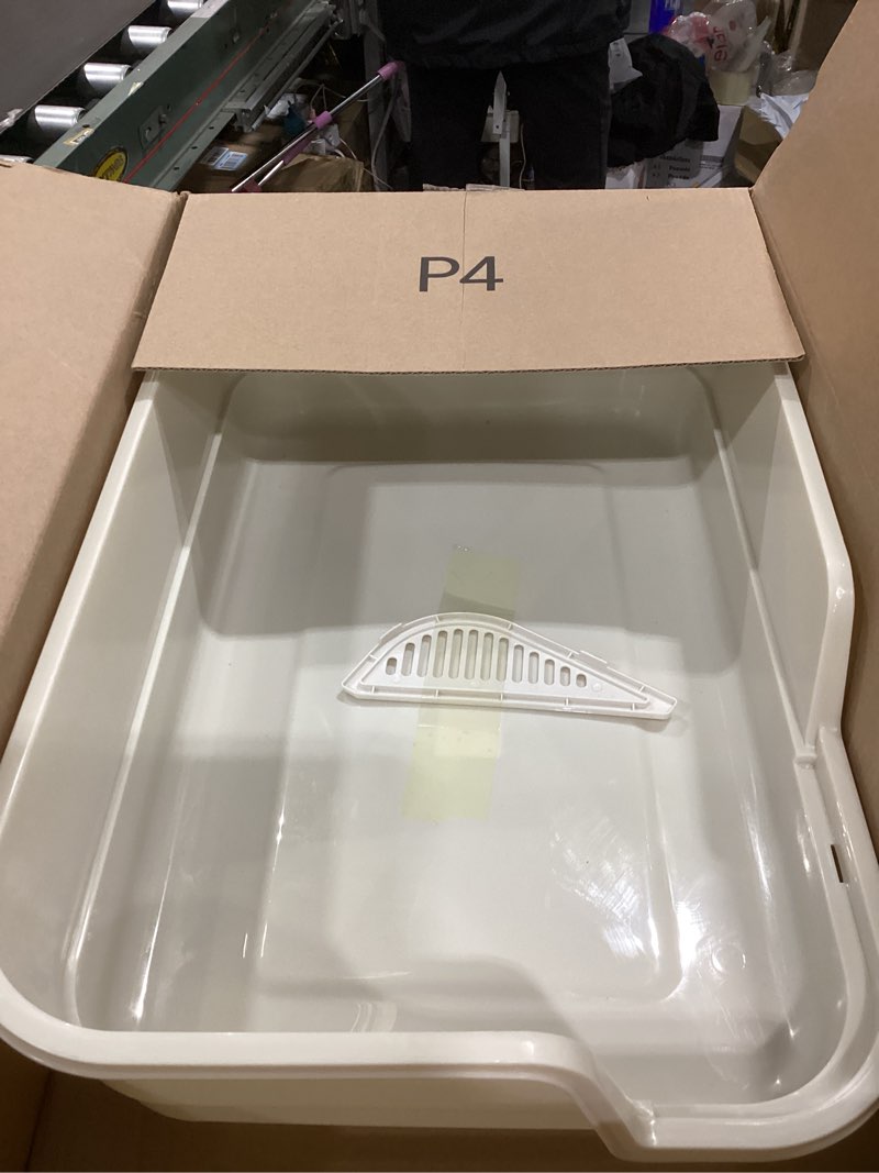 Condition photo showing As Is for Extra Large Litter Box with Low Entry,Jumbo Cat Litter Box for Kitty and Senior Cats,Cat Box for Indoor Cats,Open Top Corner Litter Pan,Easy to Clean,23.6" L x 15.7" W x 5.9" H (White)