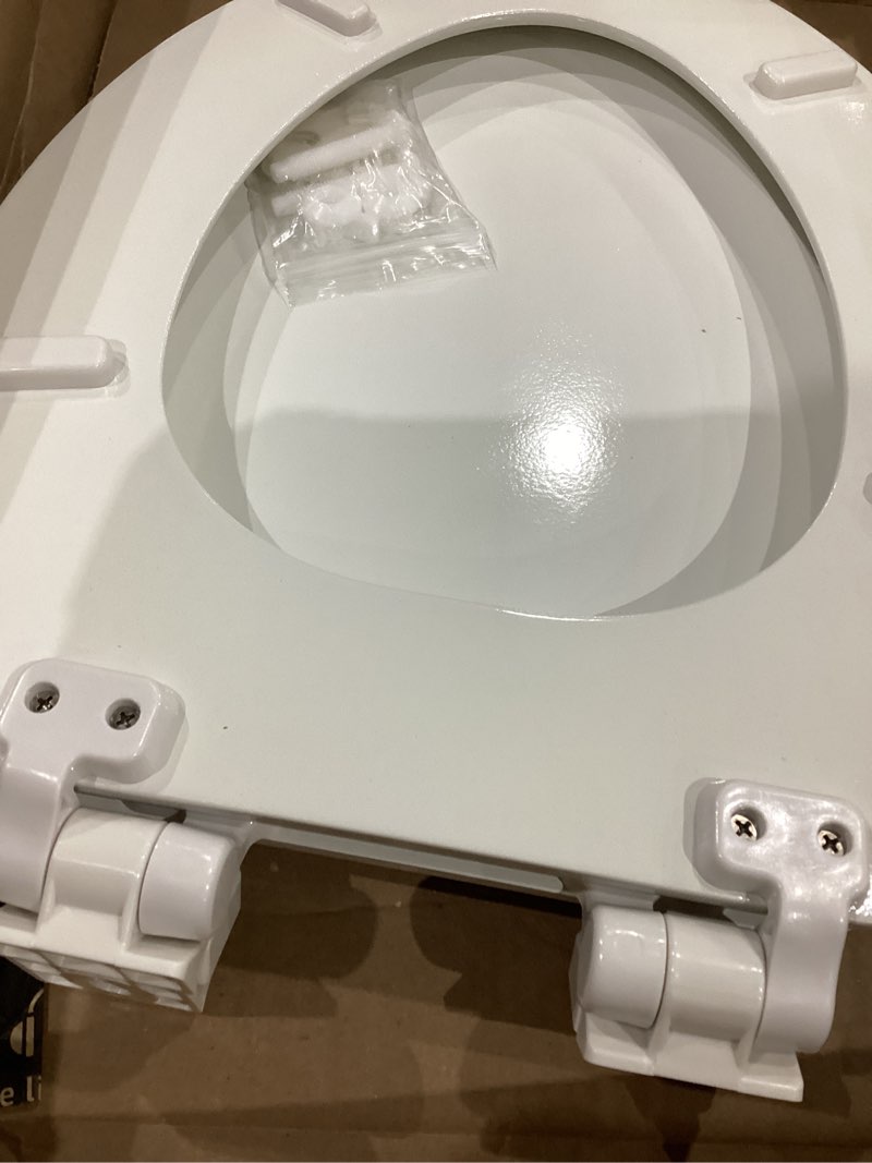 Condition photo showing As Is for highcraft premium elongated toilet seat with slow-close design & adjustable hinges - molded wood toilet seat - fits standard elongated toilets - oval seat in white