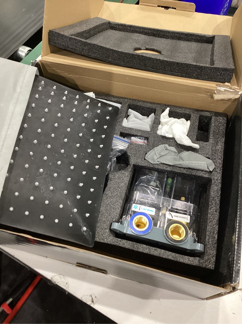 Condition photo showing Good Condition for shower system with tub spout, shower faucet set with 12 inch rain showerhead handheld shower and tub spout, wall mounted high-pressure showerhead combo set included valve and trim, matte black 12"-with tub spout matte black
