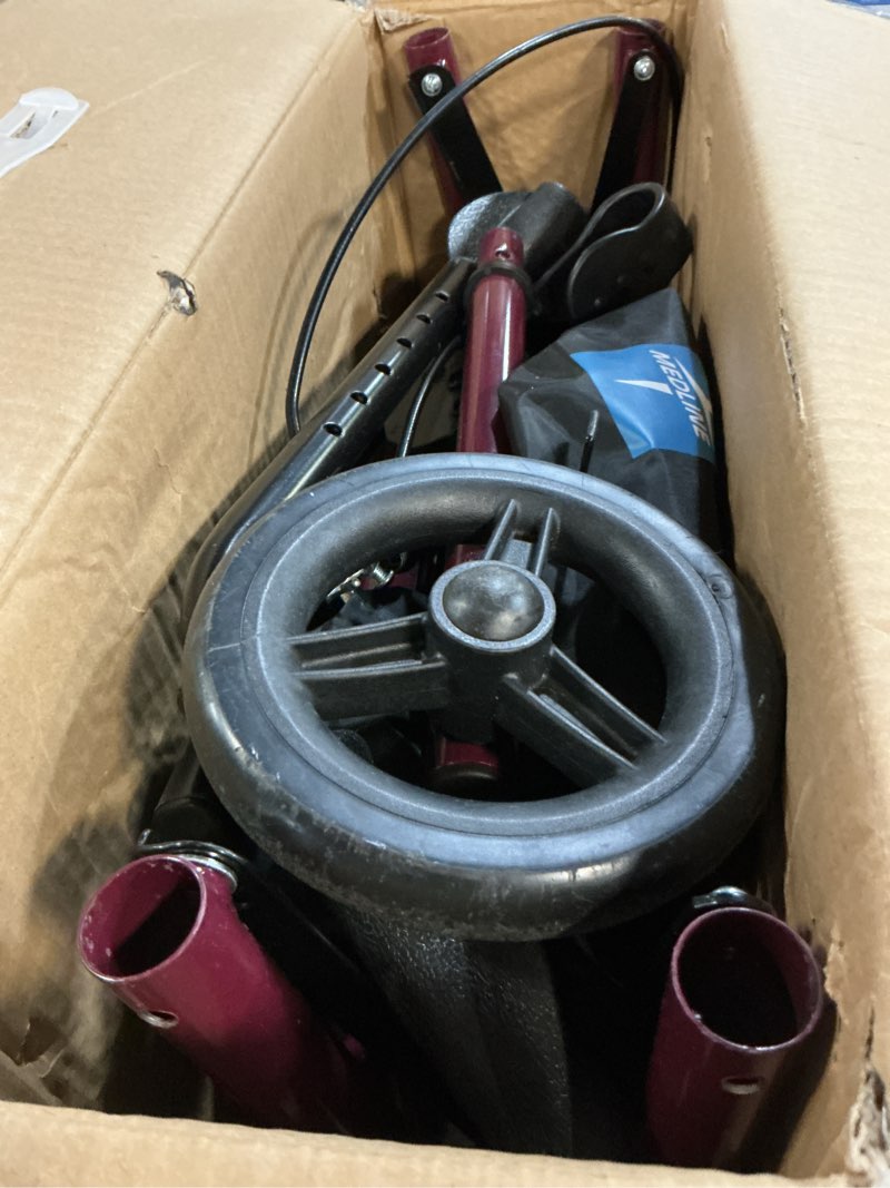 Condition photo showing As Is for medline steel rollator walker with seat, burgundy, 350 lb. weight capacity, 6” wheels, foldable, adjustable handles, rolling walker for seniors, walker for mobility impaired