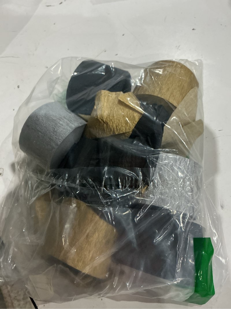 Condition photo showing As Is for partywoo crepe paper streamers 8 rolls 656ft, pack of black, gold and silver party streamers, crepe paper for birthday decorations, party decorations, wedding decorations (1.8 in x 82 ft/roll) black gold silver-9667