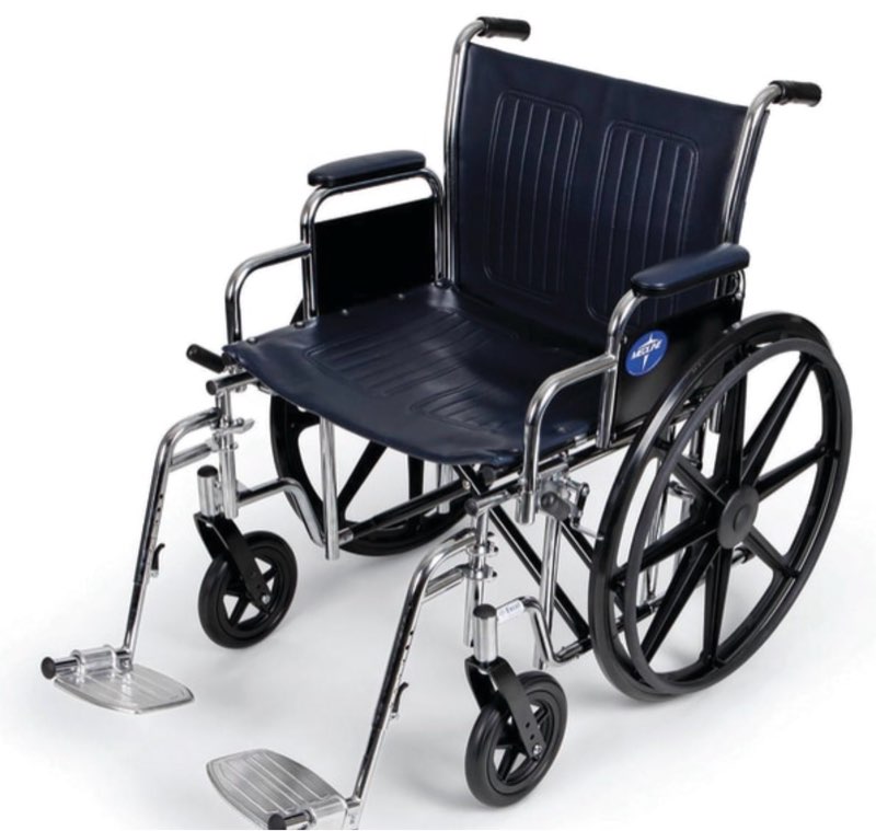 Wheelchair features a carbon steel frame with rust and chip-resistant chrome plating. Its hemi-height adjustable axles raise and lower the seat by 2 inches. Recover in comfort with easy-to-clean navy vinyl upholstery including padded and upholstered armrests and calf pads. Easy to assemble and comes with tool-free push button adjustable footrests. Threaded seat screw inserts minimize stripping from upholstery changes. A convenient pocket on the back holds hospital or medical charts or folders. Folds up for transport and storage.