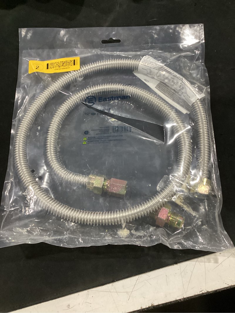 Condition photo showing As Is for eastman 48-in 1/2-in mip inlet x 3/8-in fip outlet stainless steel gas connector