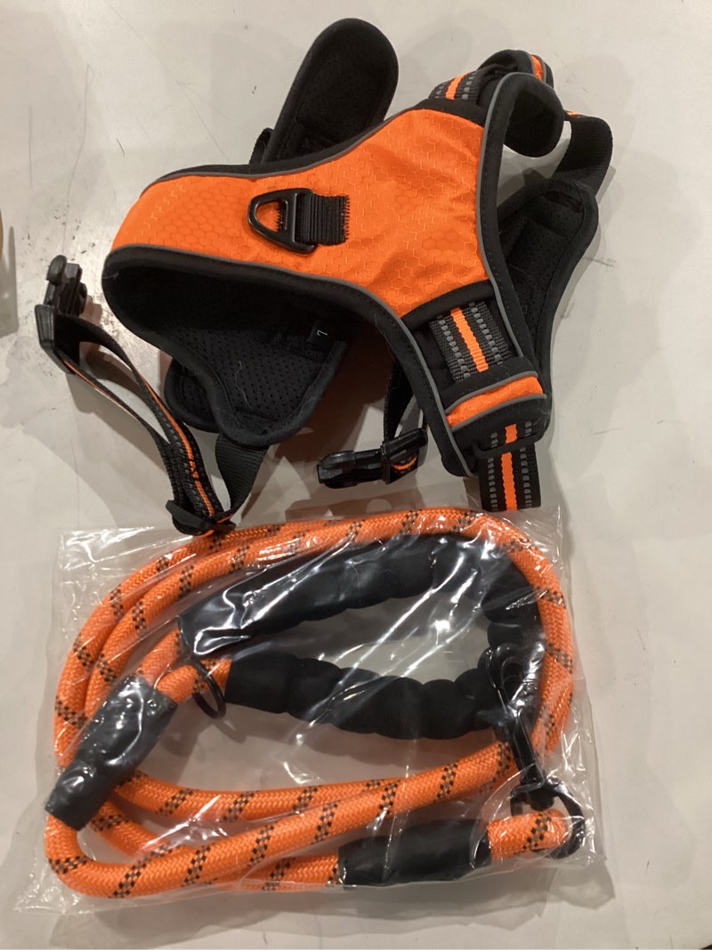 Condition photo showing New/Like New for No Pull Dog Harness Adjustable Reflective Oxford Easy Control Medium Large Dog Harness with A Free Heavy Duty 5ft Dog Leash Large Orange Harness+Leash