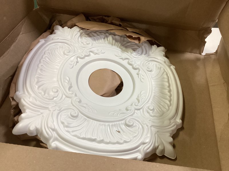 Condition photo showing Good Condition for ekena millwork cmp16at attica thermoformed pvc ceiling medallion (fits canopies up to 5 5/8"), 16"od x 3 1/2"id x 1"p 16"od unfinished