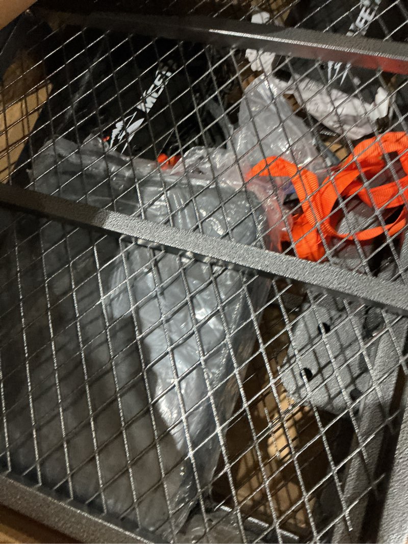 Condition photo showing As Is for hitch mount cargo carrier basket 60"*20"*6"+waterproof bag 16 cubic feet(58"*19"*24"),and cargo net with attachment hooks,ratchet straps,hitch stabilizer.500 lbs capacity,foldable,fit 2" receiver hitch mount 60"*20"*6"
