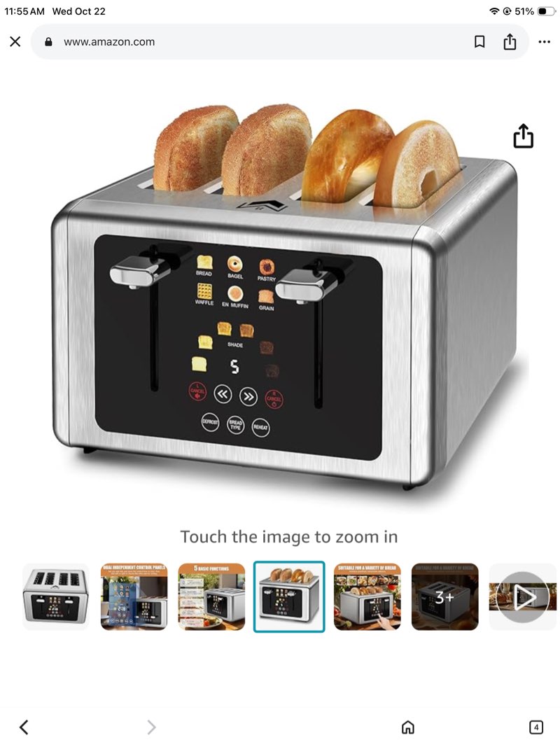 4 slice toaster, touchscreen & dual independent control panel?5 basic functions & digital countdown toasters, 6 shade settings?6 bread types, smart bread maker mute/screen-off,gray