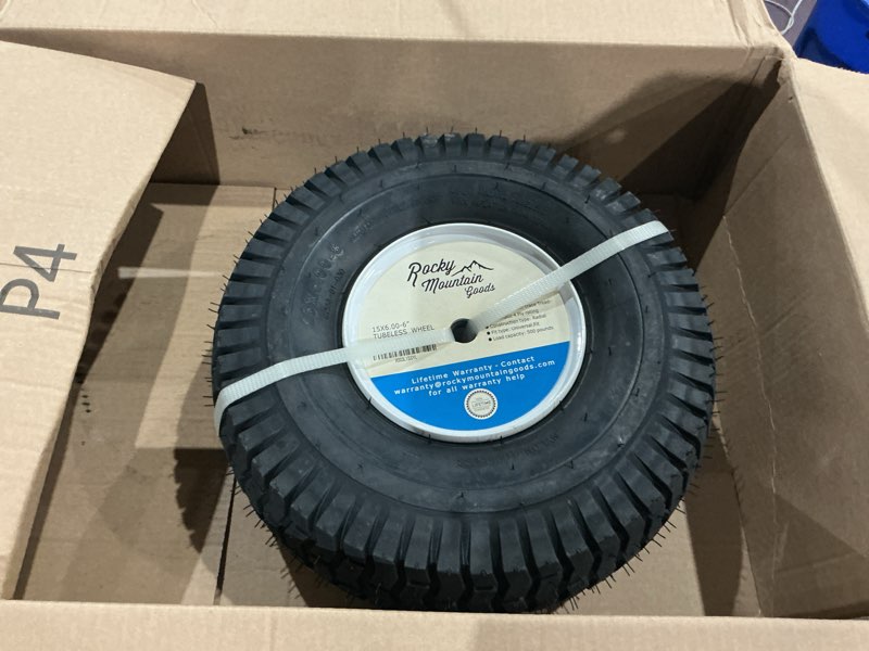 Condition photo showing New/Like New for rocky mountain goods 15x6.00 6 nhs lawn mower tire and wheel - replacement wheel for craftsman, john deere, cub cadet, riding mower, tractor - turf saver tread - heavy duty 4 ply - tubeless tire (1)