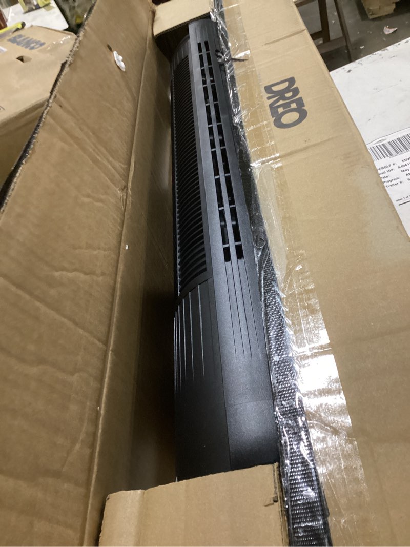 Condition photo showing As Is for dreo tower fan for bedroom, 2026 upgraded dc motor, 28ft/s high velocity, 20db ultra quiet standing fan, 8 speeds 4 modes, 90° oscillating bladeless fan for indoors, floor fans with remote, black