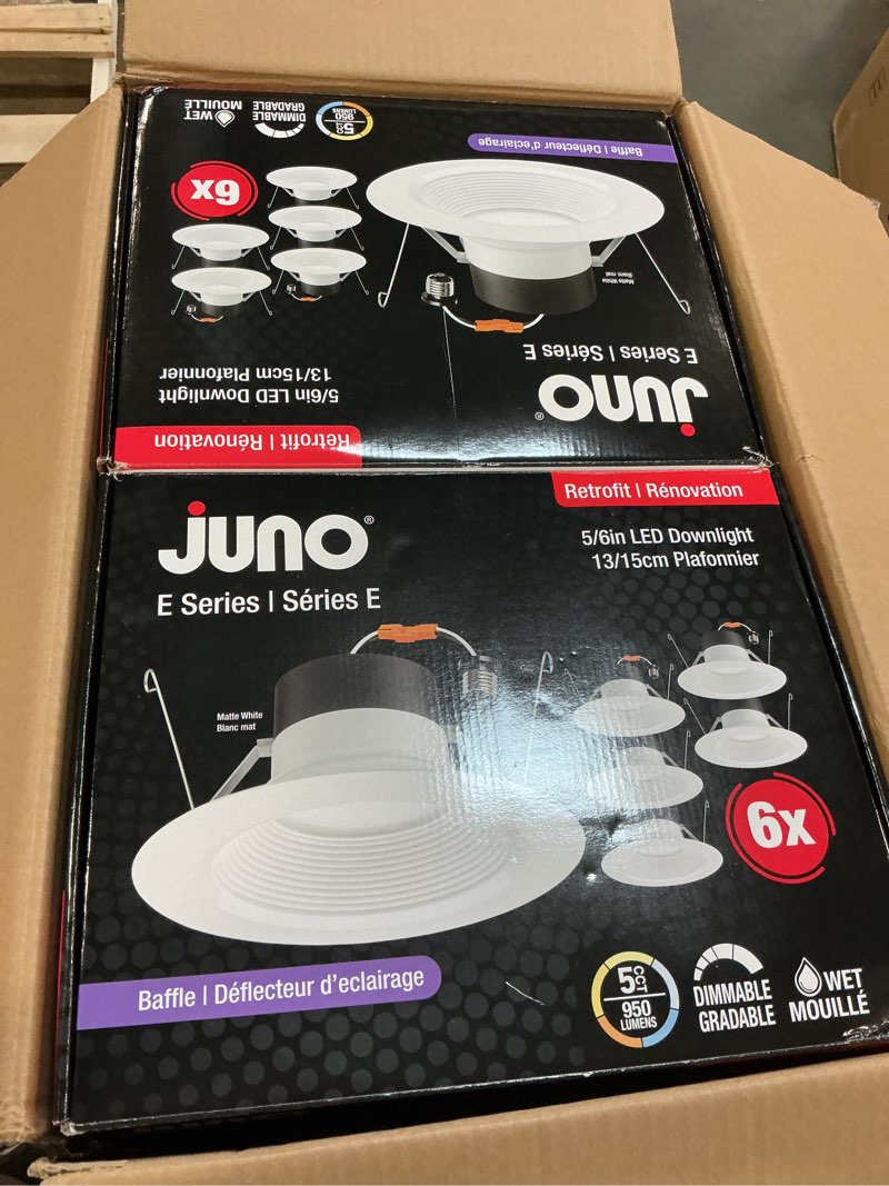Condition photo showing New/Like New for Juno E Series 5"/6" LED Ceiling Light, Baffle Trim Recessed Lighting with 5-in-1 Switchable White Color, 900 Lumens, Wet Rated LED Downlight, Dimmable, White, 12-Pack Baffle Trim 5-to-6-Inch, 900 Lumens (12-Pack)