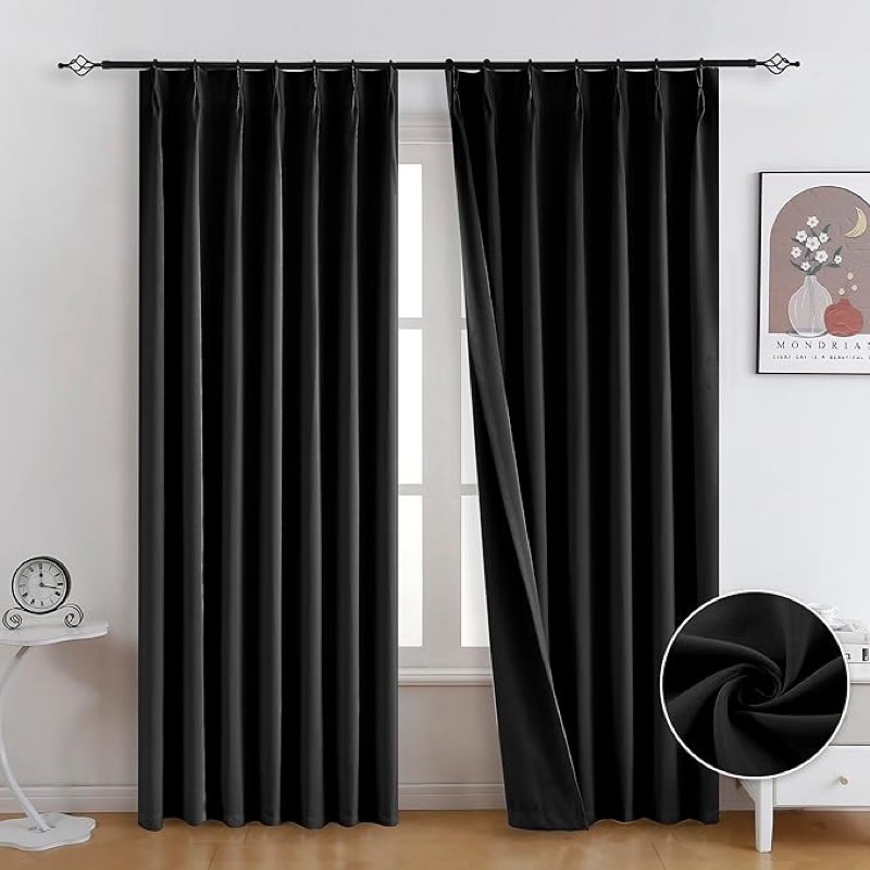 Fazhesici Black Pleated Full Blackout Curtains 108 inches Long Black Out Curtains for Bedroom Therma