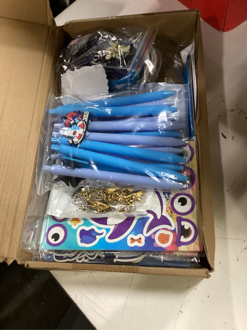 Condition photo showing Good Condition for 158pcs shark party favors, shark party decorations with slap bracelet, diy stickers, glasses, key chains, shark pendants, silicone bracelets, pens and gift bags for birthday themed party decorations