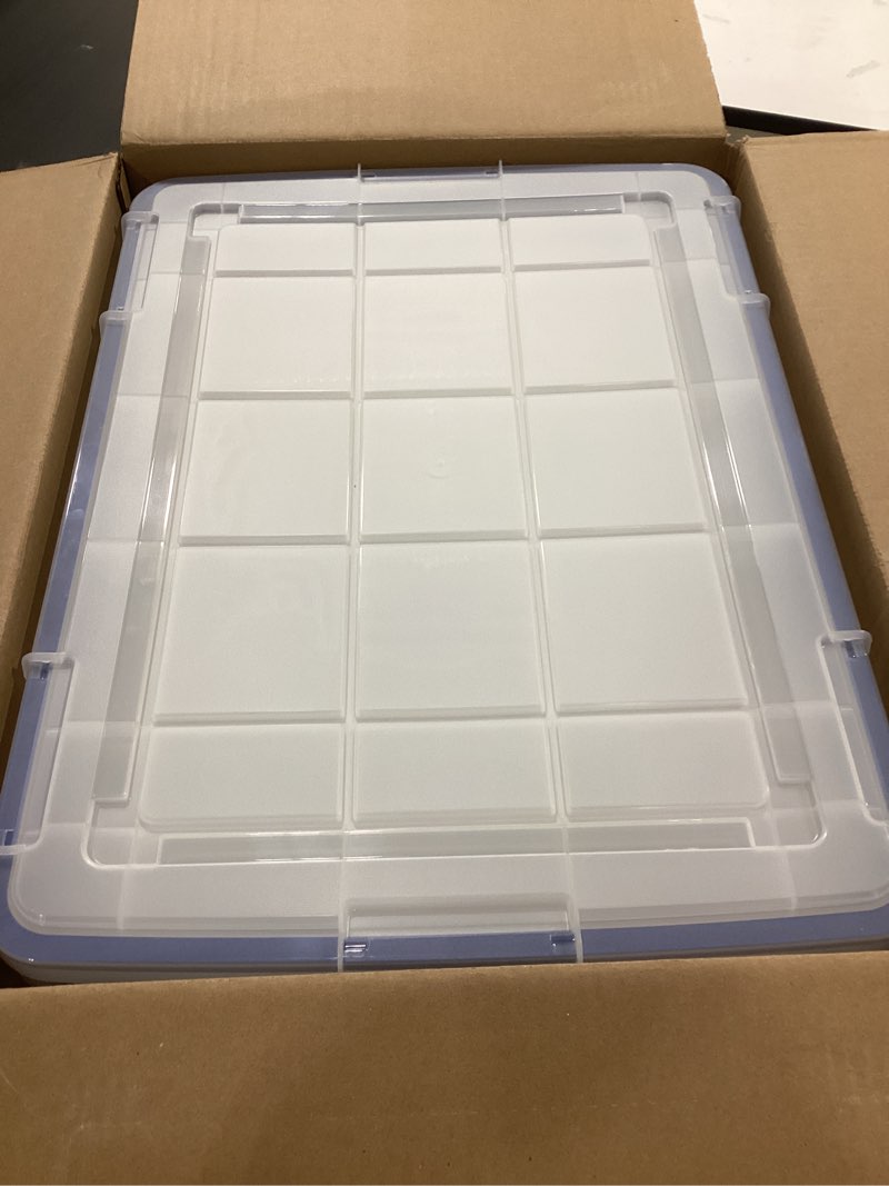 Condition photo showing Good Condition for IRIS USA 60 Quart WEATHERPRO Plastic Storage Box with Durable Lid and Seal and Secure Latching Buckles, 3 Pack, Weathertight, Keep Pest Dust and Moisture Out, for Oversized Bulky Items, Clear/Blue 60 Qt. - 3 Pack