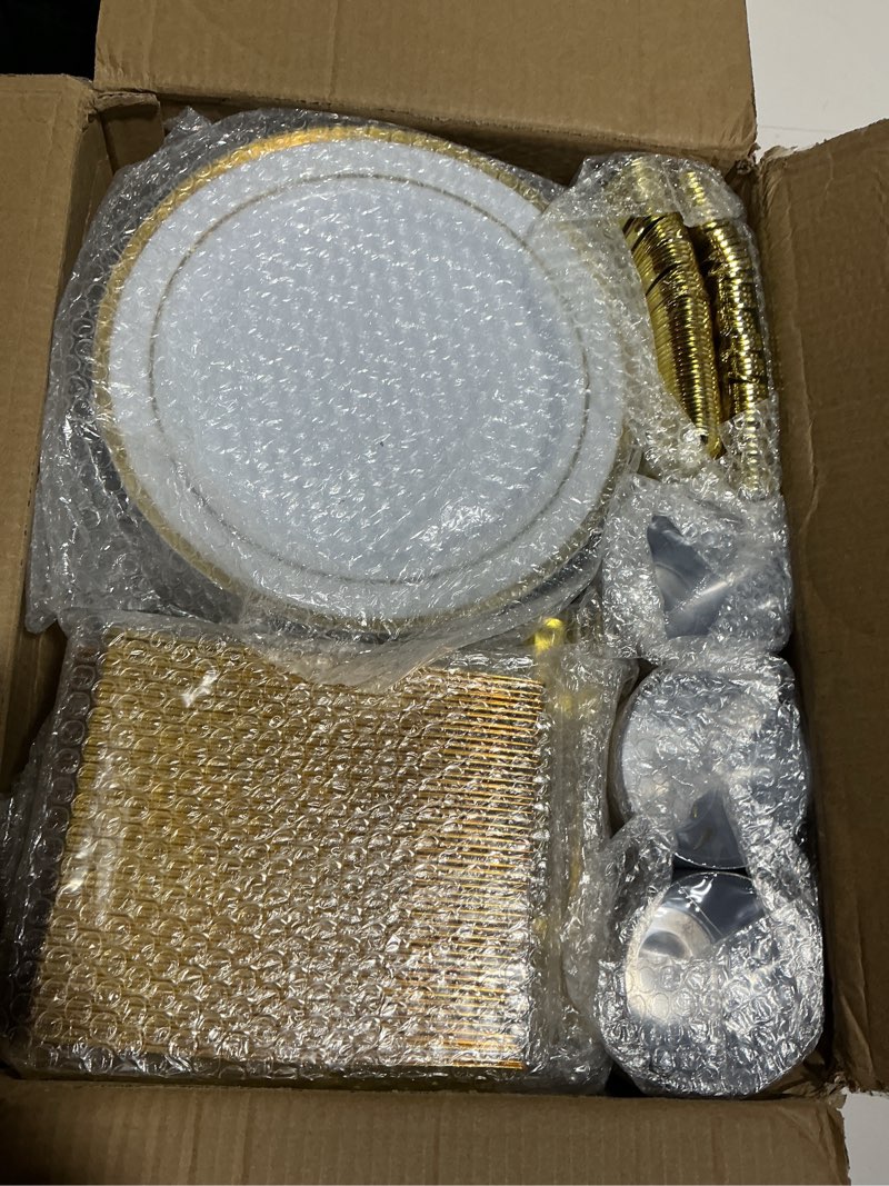 Condition photo showing New/Like New for bucla 600pcs white and gold plastic plates - gold disposable dinnerware set for 100 guests include 100 dinner & 100 dessert plates, 100 cups, 100 forks, 100 spoons, 100 knives for party gold 100 guests without napkins