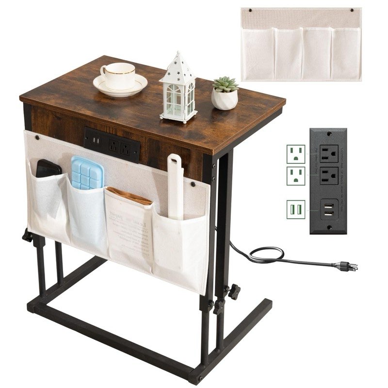 IFDZSW C Shaped End Table with Charging Station Couch Arm Tables Slide Under Sofa Tray for Living Ro