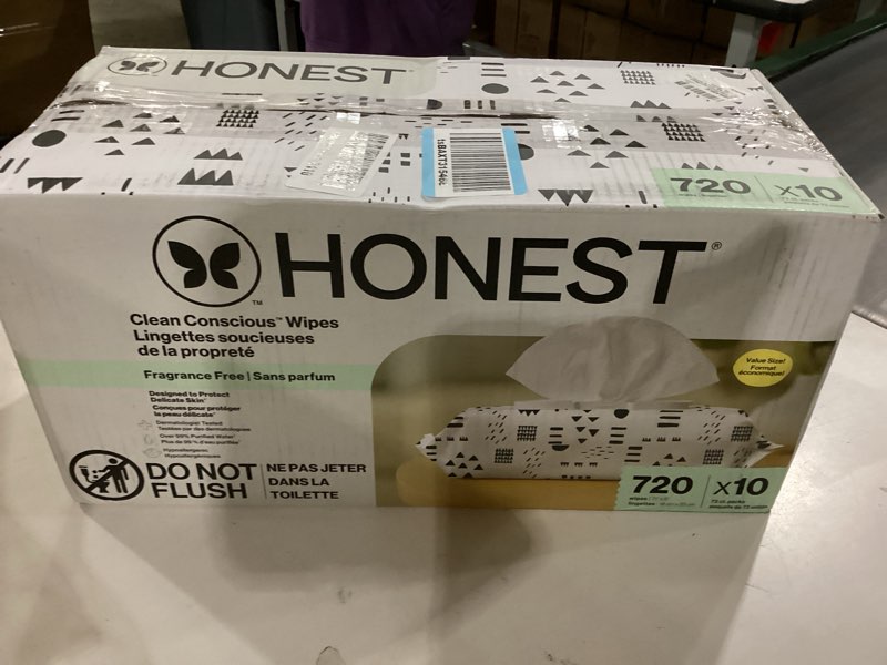 Condition photo showing As Is for the honest company hypoallergenic multi-use baby wipes for sensitive skin, pattern play, 720 count pattern play 72 count (pack of 10)