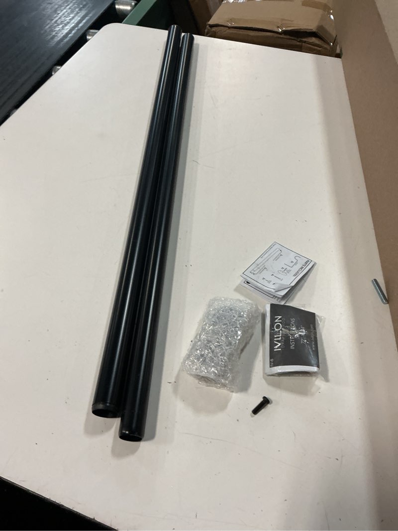 Condition photo showing As Is for ivilon curtain rod for windows 28 to 48 inch – 1 inch telescoping drapery rod, 2 long sections, end cap finials, black 28 to 48 in.