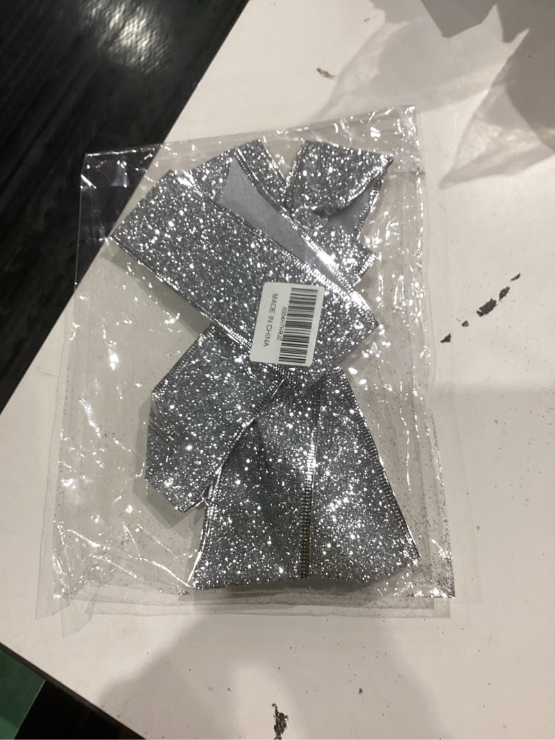 Condition photo showing New/Like New for Christmas Bows Glitter Ribbon Bows Silver Bowknot 16’’x7’’ Big Christmas Bows Decor for Christmas Tree Topper Home Front Door Outdoor Xmas New Year Party Supplies