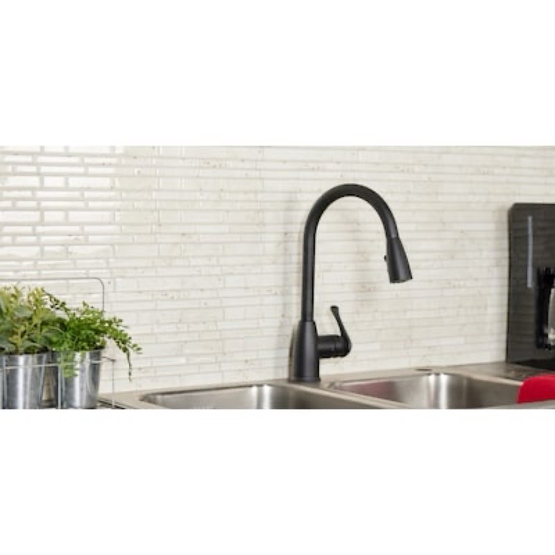 project source tucker matte black single handle deck-mount pull-down kitchen faucet with sprayer (includes deck plate)