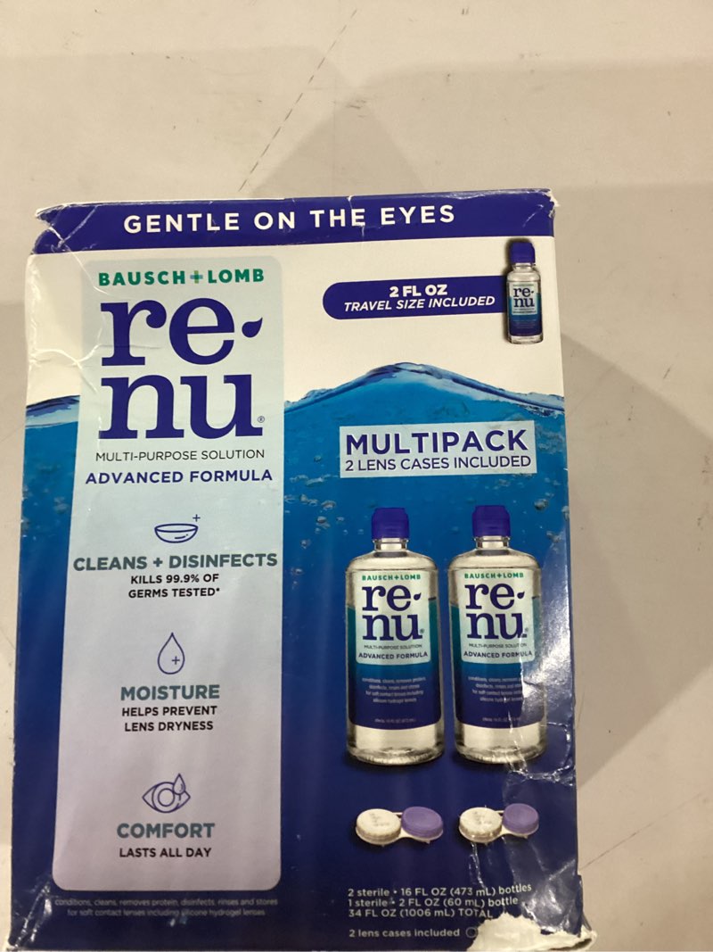 Condition photo showing Good Condition for best by 01/01/2029****renu contact lens solution, advanced formula, multi-purpose solution with lens case, gently cleans, disinfects, moisturizes & hydrates soft lenses, 16 fl oz (pack of 2) + travel size 2 fl oz